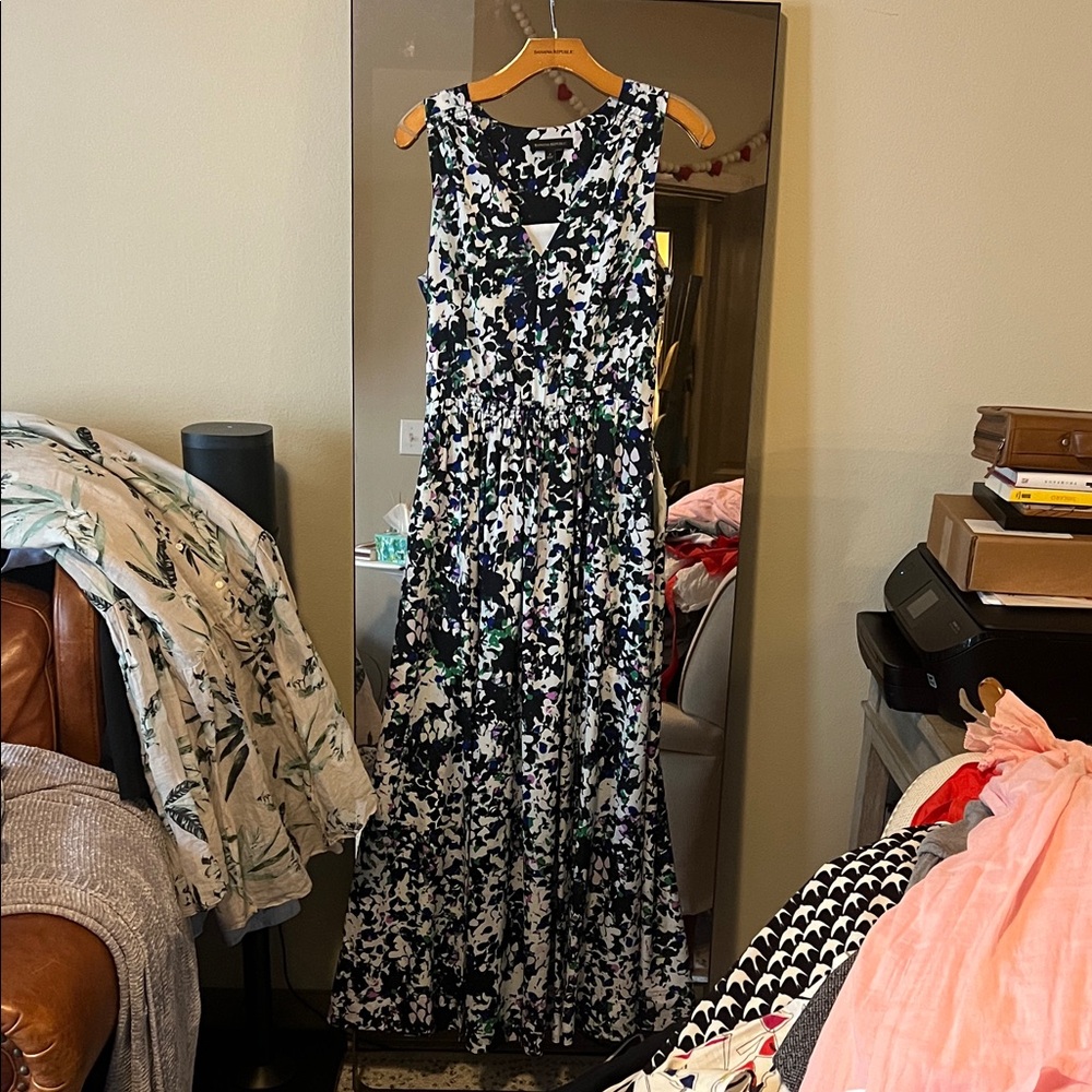 Banana Republic Black & White Floral Maxi Dress with Green Accents